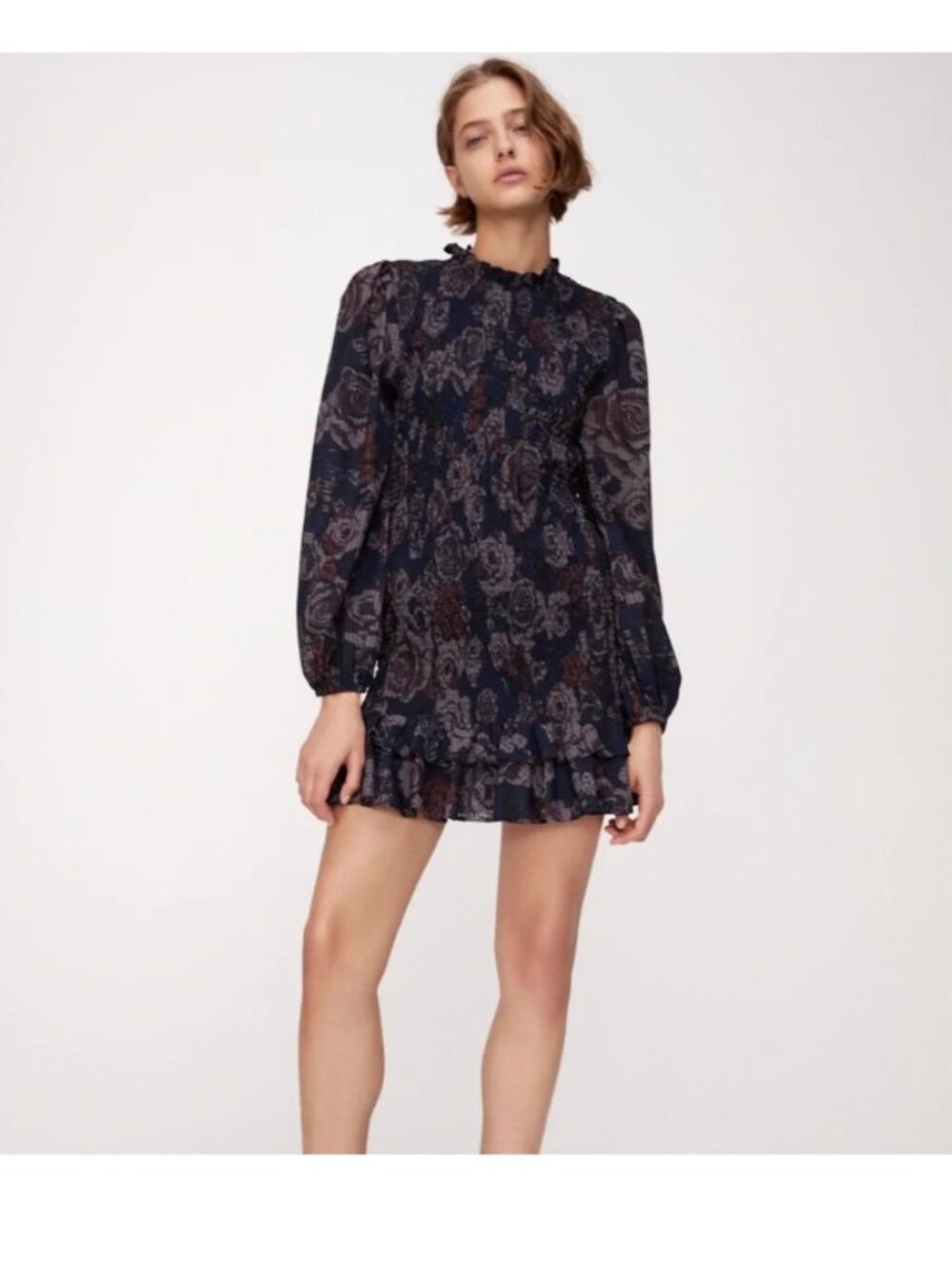 Zara Navy Blue & Purple Floral Smocked Long Sleeve Mini Dress S